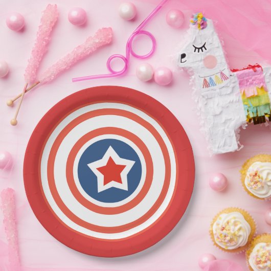 Rote Platte mit weißer Rundlinie und Center Star Pappteller (Party)