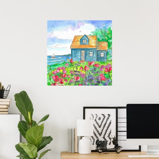 Rote Platterbsen Hütte am Meer Poster (Heimbüro)