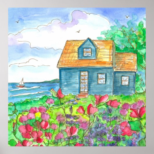 Rote Platterbsen Hütte am Meer Poster (Vorne)