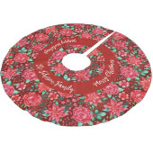 Rote Poinsettia-Blume + Familienname Polyester Weihnachtsbaumdecke (Schrägansicht)