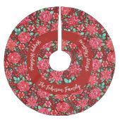 Rote Poinsettia-Blume + Familienname Polyester Weihnachtsbaumdecke (Vorderseite)