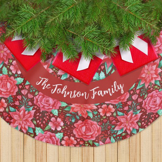 Rote Poinsettia-Blume + Familienname Polyester Weihnachtsbaumdecke