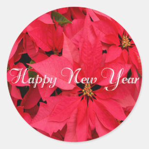Rote Poinsettia-Blumen-glückliches neues mit Runder Aufkleber