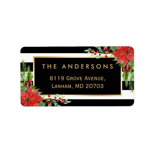 Rote Poinsettia Blumengestelle - Goldrahmen Adressaufkleber (Vorne)