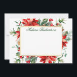 Rote Poinsettia Blumengrün Mitteilungskarte<br><div class="desc">Die Personalisierte Note Card des eleganten Watercolor Poinsettia Blumengrün aus Gold-Rahmen beinhaltet rote Poinsettias,  Eukalyptus-Blätter,  Kiefernzapfen,  Kiefernnadeln,  Baumwolle,  Holly-Beeren und andere wunderschöne botanische Wintergärten. Grünes Skript.</div>