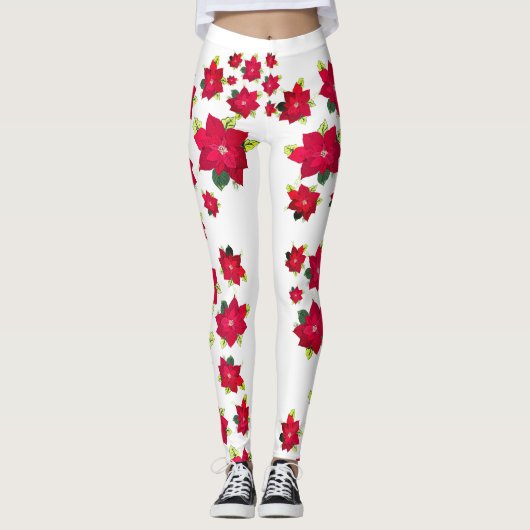 Rote Poinsettia-Blüten Leggings (Vorderseite)