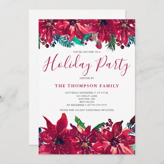 Rote Poinsettia Feierlichkeiten Einladung (Vorne/Hinten)