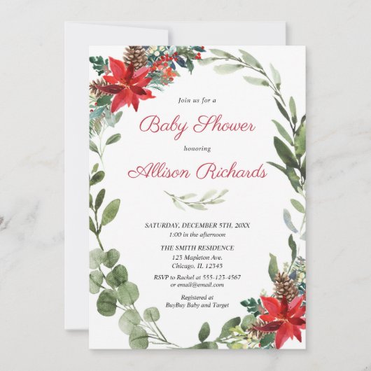Rote Poinsettia Grüne Weihnachtsdusche Einladung (Vorderseite)