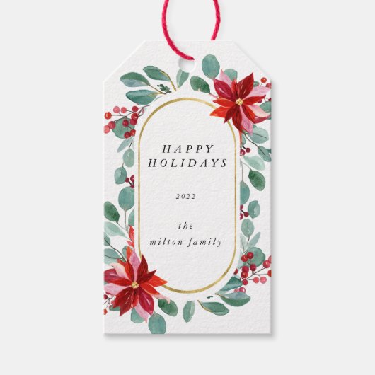 Rote Poinsettia Holiday Floral Monogramm Geschenkanhänger (Vorderseite)