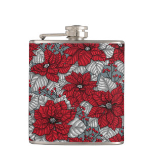 Rote Poinsettia und Beeren, Weihnachtsdesign Flachmann