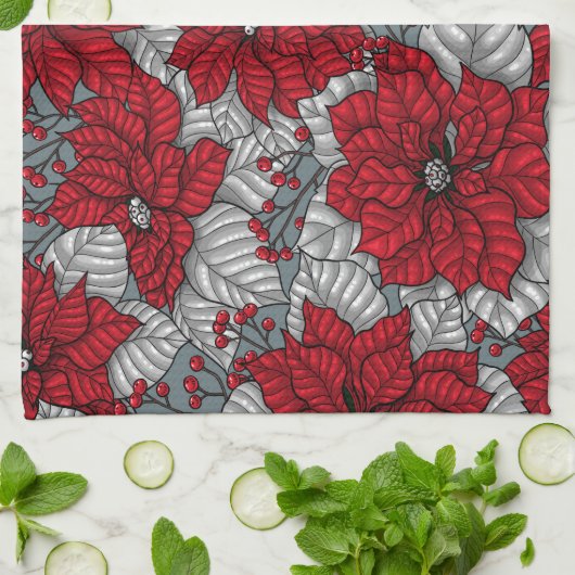 Rote Poinsettia und Beeren, Weihnachtsdesign Geschirrtuch (Gefaltet)
