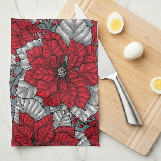 Rote Poinsettia und Beeren, Weihnachtsdesign Geschirrtuch (Viertel Falte)