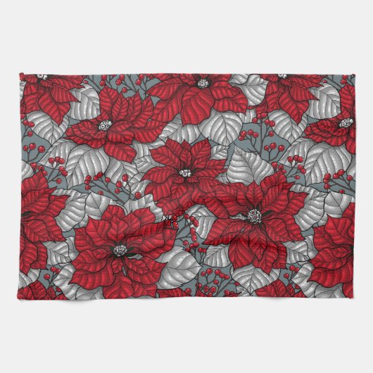 Rote Poinsettia und Beeren, Weihnachtsdesign Geschirrtuch (Horizontal)