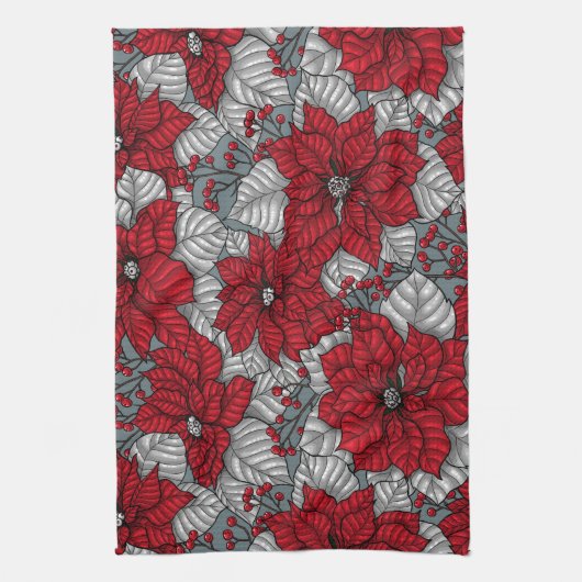 Rote Poinsettia und Beeren, Weihnachtsdesign Geschirrtuch (Vertikal)
