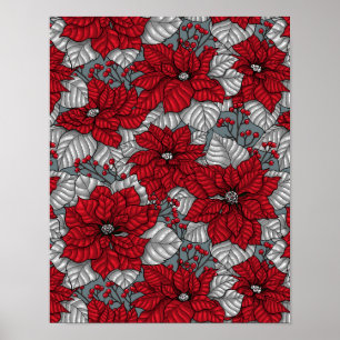 Rote Poinsettia und Beeren, Weihnachtsdesign Poster