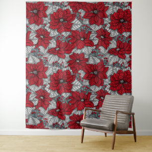Rote Poinsettia und Beeren, Weihnachtsdesign Wandteppich