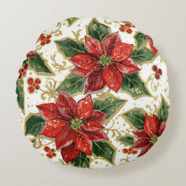 Rote Poinsettia und Weihnachtsferien Winter Rundes Kissen