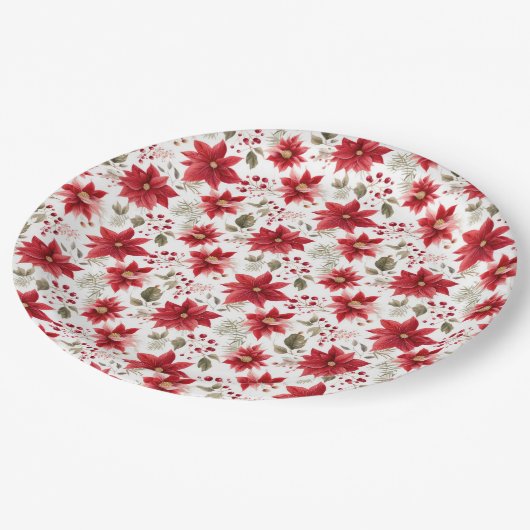 Rote Poinsettia Weihnachten Blume Berries Holiday Pappteller (Schrägansicht)
