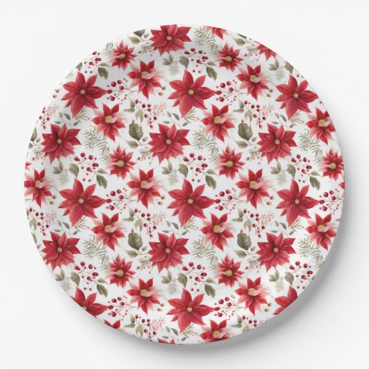 Rote Poinsettia Weihnachten Blume Berries Holiday Pappteller (Vorderseite)