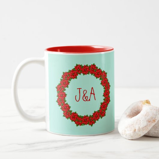 Rote Poinsettia Weihnachtsgarage Name Zweifarbige Tasse (Mit Donut)