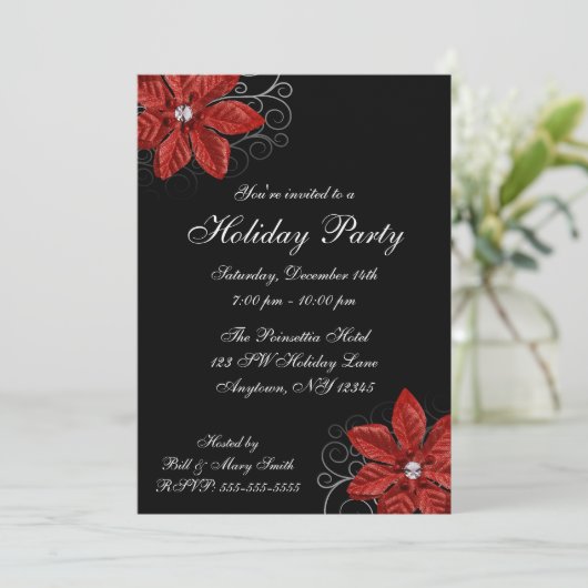 Rote Poinsettia Wirbel Feierliche Party Einladung (Stehend Vorderseite)
