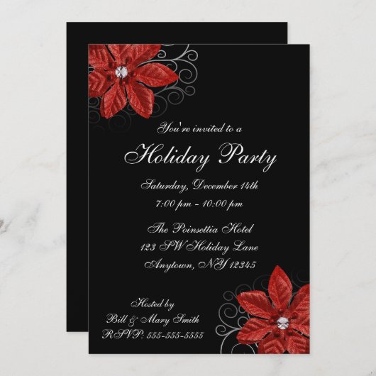 Rote Poinsettia Wirbel Feierliche Party Einladung (Vorne/Hinten)