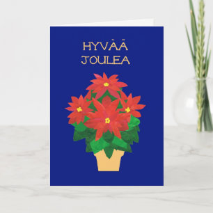 Rote Poinsettias auf blauem finnischem Sprachgruß Feiertagskarte
