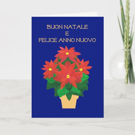 Rote Poinsettias auf blauem italienischsprachigem Feiertagskarte (Vorderseite)