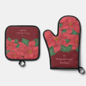 Rote Poinsettias Familie Urlaub Ofenhandschuh & Topflappen-Set (Vorderseite)
