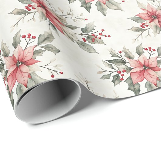Rote Poinsettias Grüne Blätter Geschenkpapier (Rolleneckpunkt)