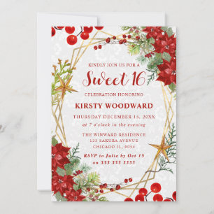 Rote Poinsettie & Beeren Winterblumen Sweet 16 Einladung