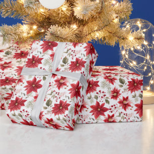 Rote Poinsettien-Blumen Weihnachtsbeeren Urlaub Geschenkpapier