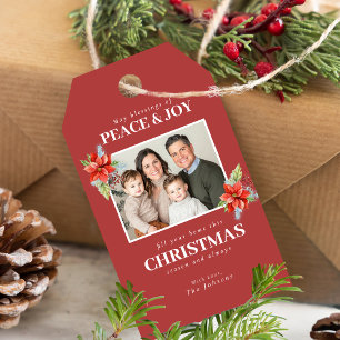 Rote Poinsettien-Foto-Friedens-Freuden-Weihnachts- Geschenkanhänger