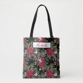 Rote Poinsettien und weiße Blume auf Schwarz Tasche