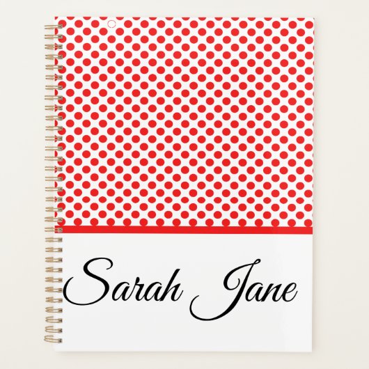 Rote Polka-Punkte | Personalisierter Name Planer (Vorderseite)