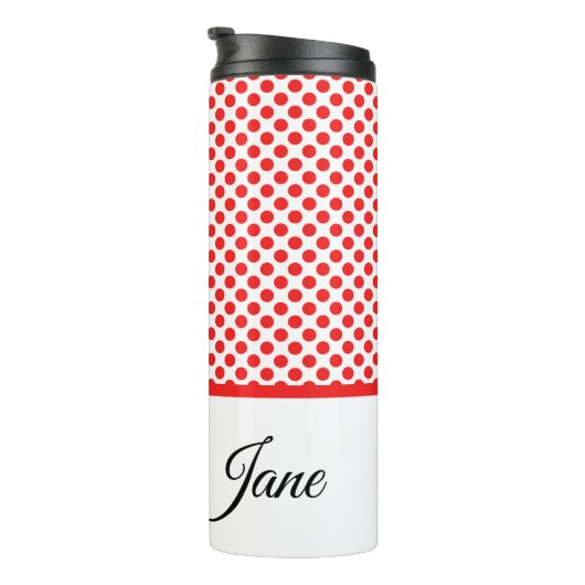 Rote Polka-Punkte | Personalisierter Name Thermosbecher (Nach rechts gedreht)