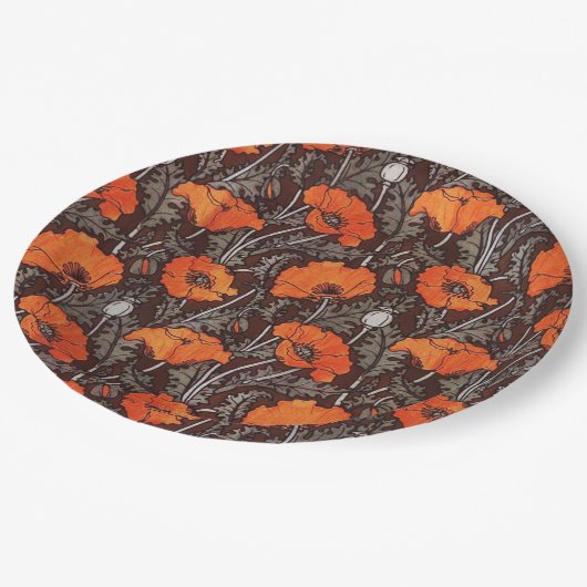 ROTE POPPIEN IN SCHWARZ-WEISSEM Mohnfeld Pappteller (Schrägansicht)