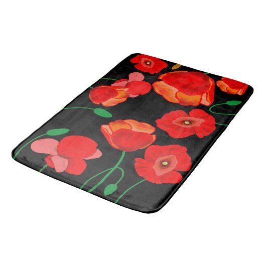 Rote Poppies auf der schwarzen Hintergrunddarstell Badematte (Schrägansicht)