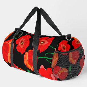 Rote Poppies auf der schwarzen Hintergrunddarstell Duffle Bag