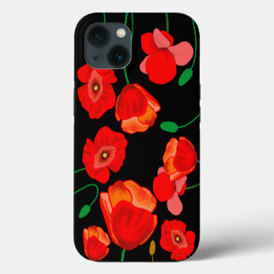 Rote Poppies auf der schwarzen Hintergrunddarstell iPhone 13 Hülle