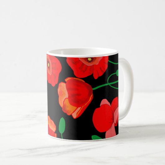 Rote Poppies auf der schwarzen Hintergrunddarstell Kaffeetasse (VorderseiteRechts)