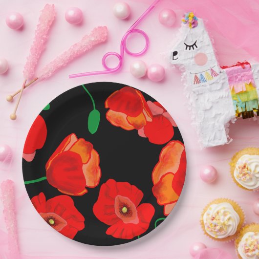 Rote Poppies auf der schwarzen Hintergrunddarstell Pappteller (Party)