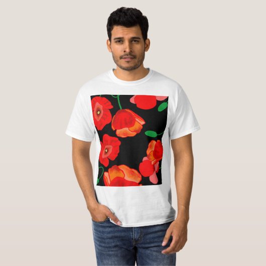 Rote Poppies auf der schwarzen Hintergrunddarstell T-Shirt (Vorne ganz)