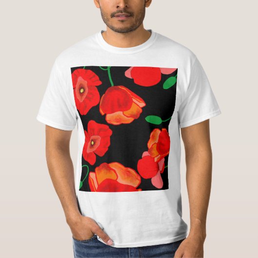Rote Poppies auf der schwarzen Hintergrunddarstell T-Shirt (Vorderseite)