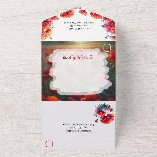 Rote Poppies Blumenhochzeit All In One Einladung (Außenbereich)