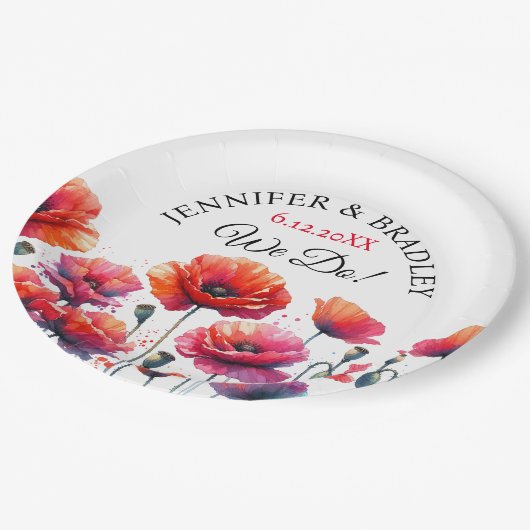 Rote Poppies Blumenhochzeit Pappteller (Schrägansicht)