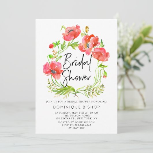 Rote Poppies-Brautparty für Wasserfarben Einladung (Stehend Vorderseite)