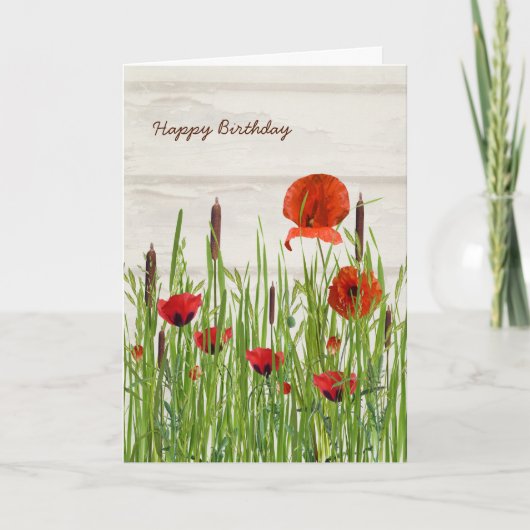 Rote Poppies und Cattails zum Geburtstag Karte (Vorderseite)