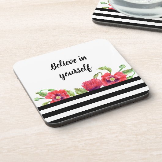 Rote Poppies von Aquarellen glauben an sich selbst Getränkeuntersetzer (Linke Seite)