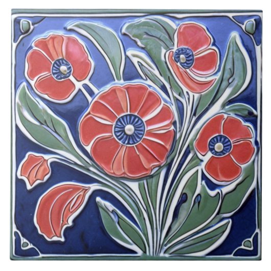 Rote Poppy Blume Art Deco Fliese (Vorderseite)